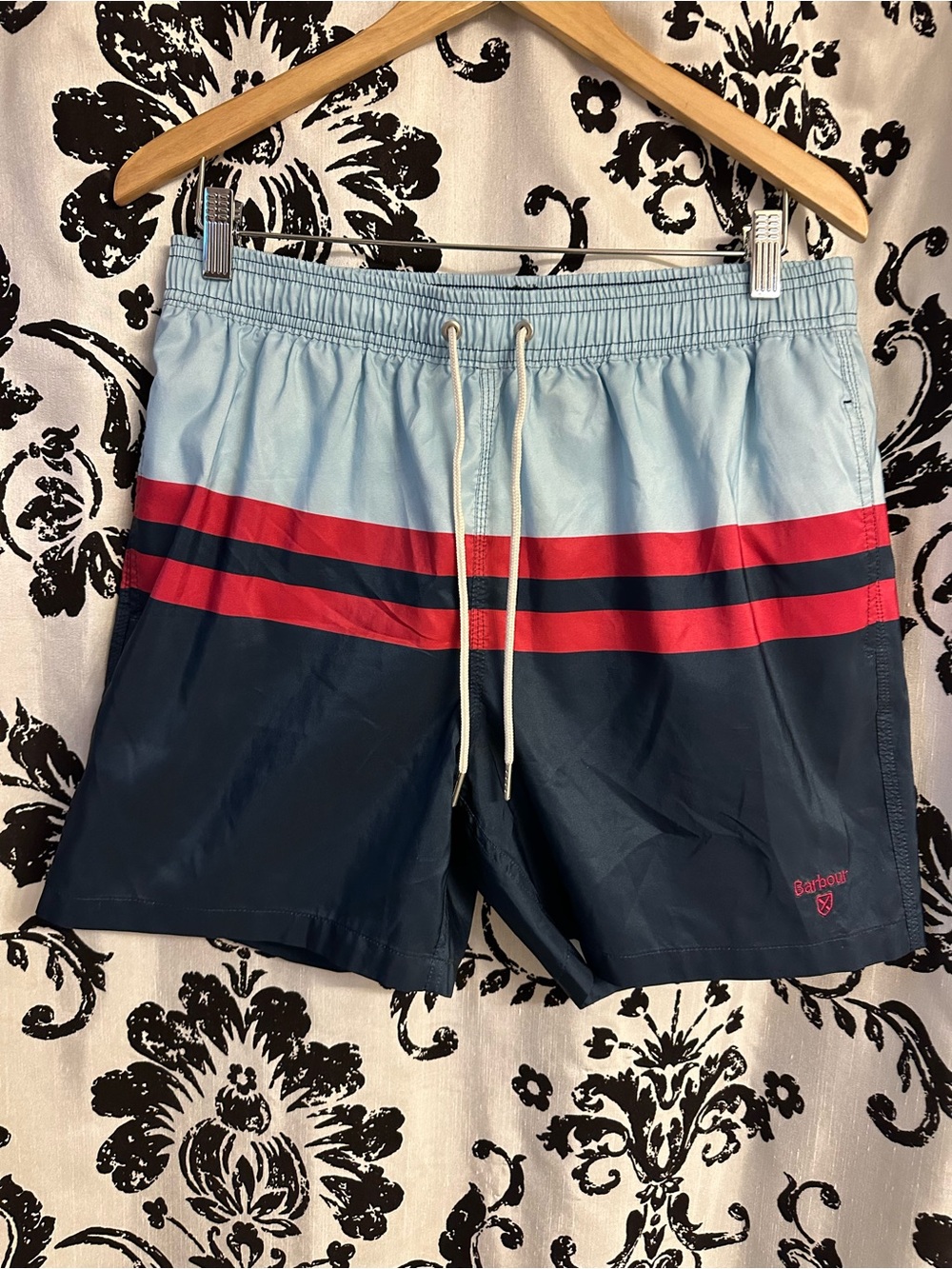 Barbour Men's Light Blue & Navy Colorblock Swim Trunks Size Large